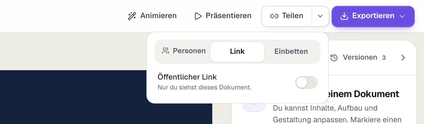 Das Teilen-Fenster, Reiter Link: der Schalter „Öffentlicher Link“ ist aus, darunter steht „Nur du siehst dieses Dokument.“