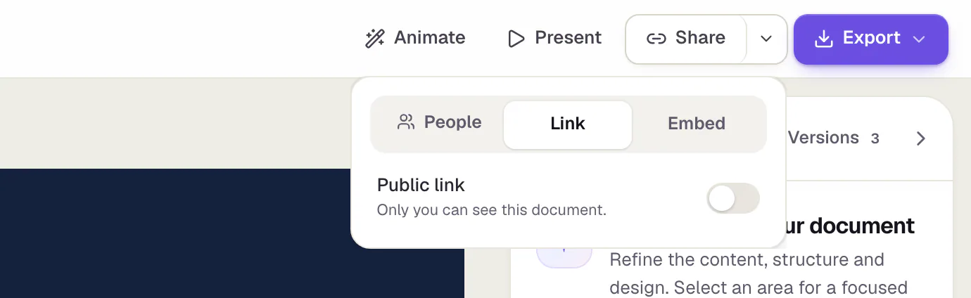The sharing panel, Link tab: the “Public link” switch is off and the line below says only you can see the document.