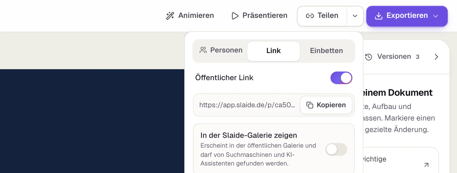 Das Teilen-Fenster, Reiter Link, mit eingeschaltetem Schalter „Öffentlicher Link“: darunter stehen die Adresse des Links und der Knopf Link kopieren.
