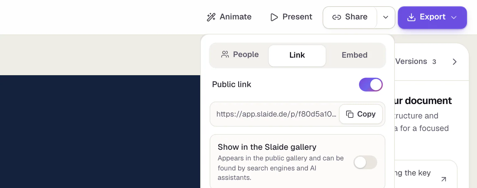 The sharing panel, Link tab, with the “Public link” switch on: the address of the link and the Copy link button are below it.
