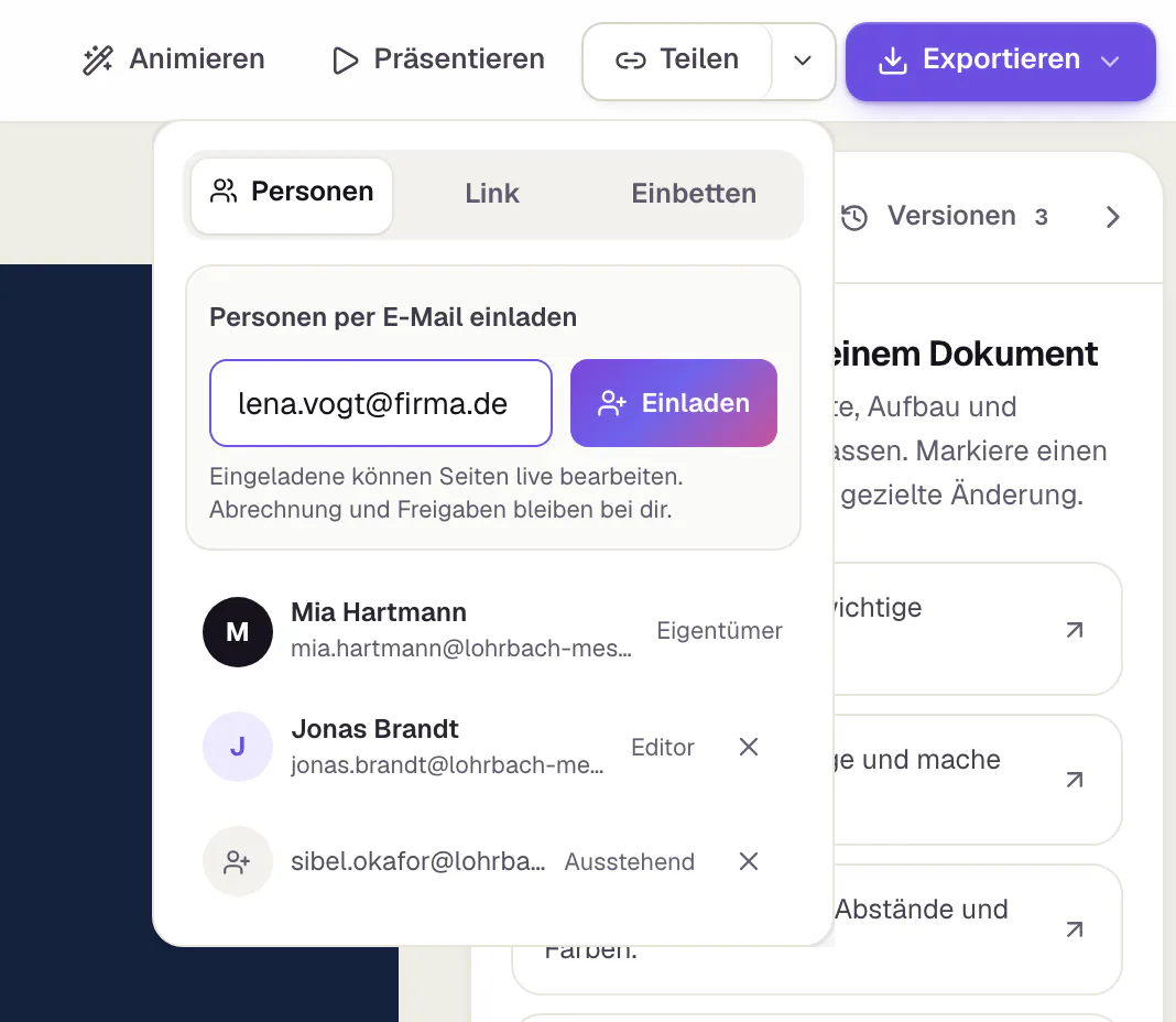 Das Teilen-Fenster eines Dokuments in Slaide mit den Reitern Personen, Link und Einbetten. Im Reiter Personen stehen oben das Feld zum Einladen per E-Mail mit dem Knopf Einladen, darunter die Eigentümerin, eine Person mit Zugriff und eine ausstehende Einladung.