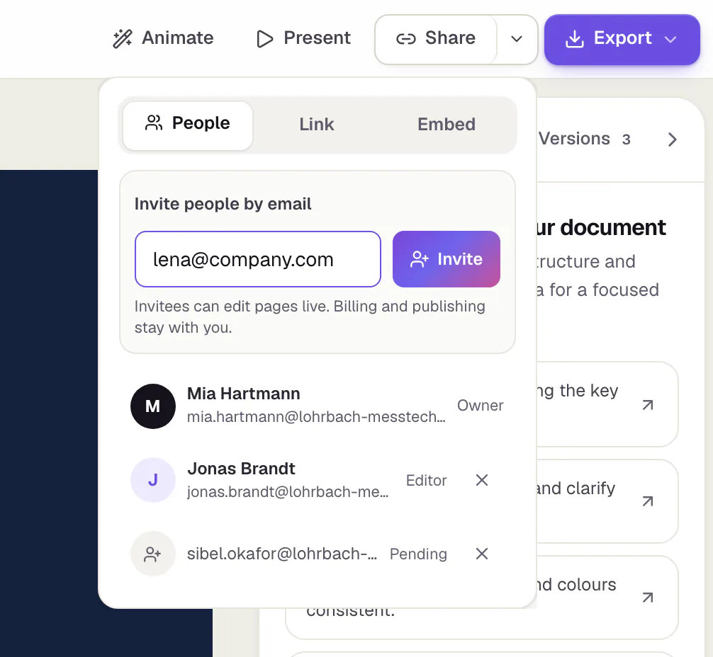 The sharing panel of a document in Slaide with the tabs People, Link and Embed. The People tab shows the field for inviting by email with the Invite button, and below it the owner, one person with access and one pending invitation.