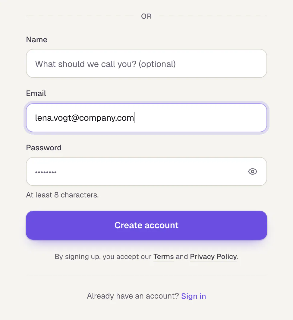 The sign-up form with email: the fields Name (optional), Email and Password and the Create account button.