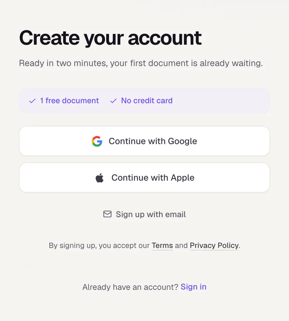 The Slaide sign-up page: Create your account with the buttons Continue with Google and Continue with Apple, the link Sign up with email and the note about the terms and privacy policy.
