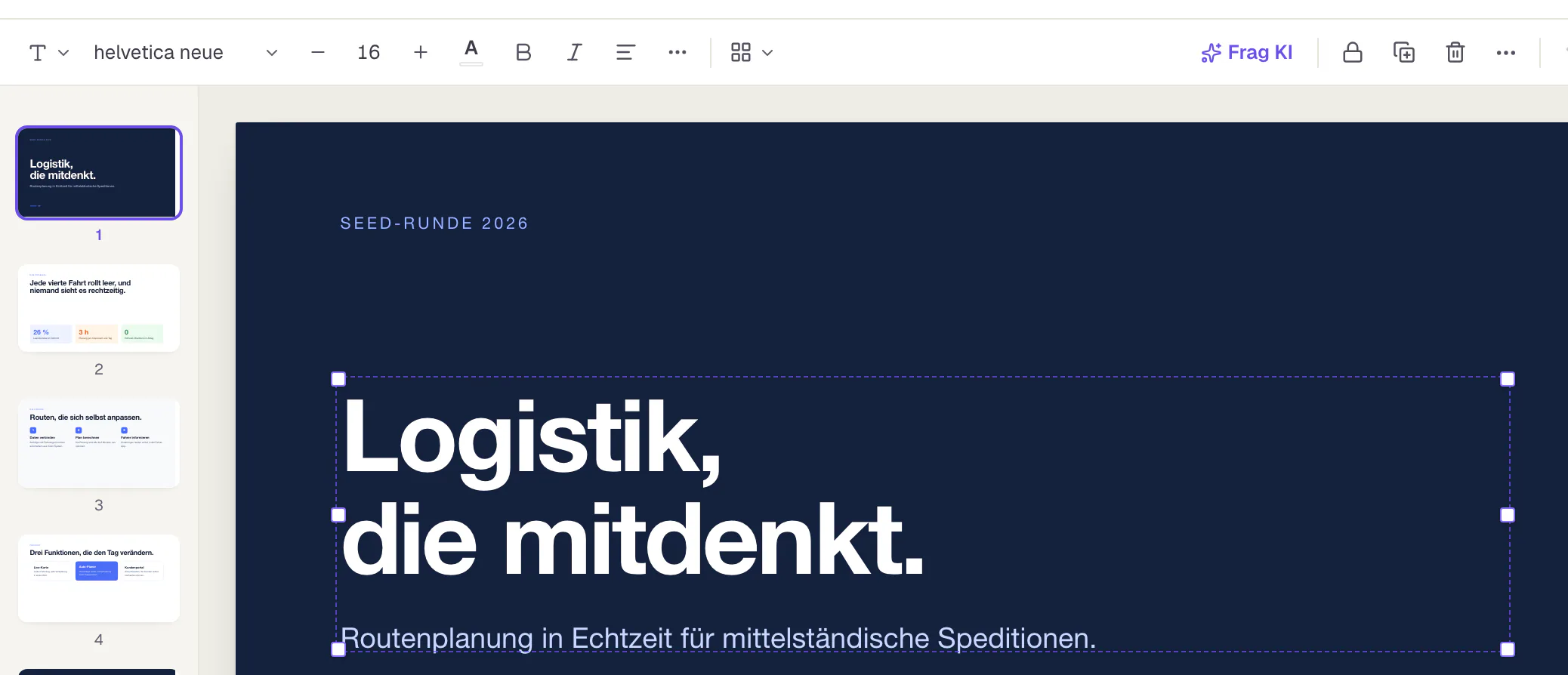 Der Editor nach einem Klick auf einen Text: um den Text liegt ein Rahmen, darüber die Werkzeugleiste mit Textstil, Schriftart, Schriftgröße, Textfarbe, Fett, Kursiv, Textausrichtung und weiteren Textwerkzeugen.