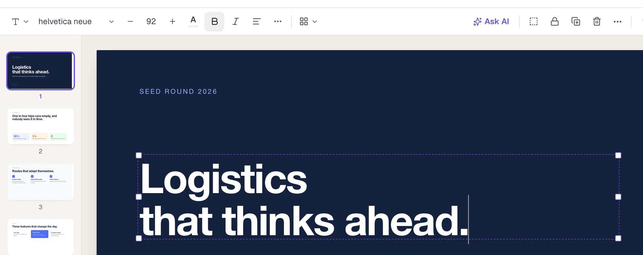 The editor after clicking a text: a frame surrounds the text and the toolbar above it offers text style, font, font size, text color, bold, italic, text alignment and more text tools.