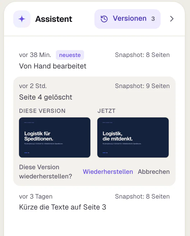 Die Rückfrage „Diese Version wiederherstellen?“ nach einem Klick auf Wiederherstellen im Reiter Versionen.