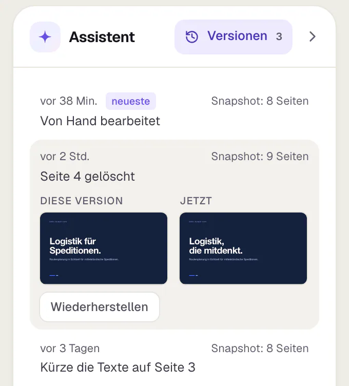 Ein geöffneter Eintrag im Reiter Versionen: Vorschau der ersten Seite dieser Version neben der ersten Seite von jetzt und darunter der Knopf Wiederherstellen.