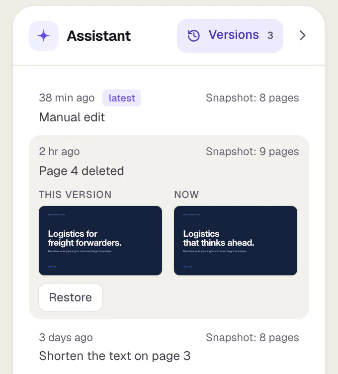 An open entry in the Versions tab: a preview of the first page of that version next to the first page now, and the Restore button underneath.
