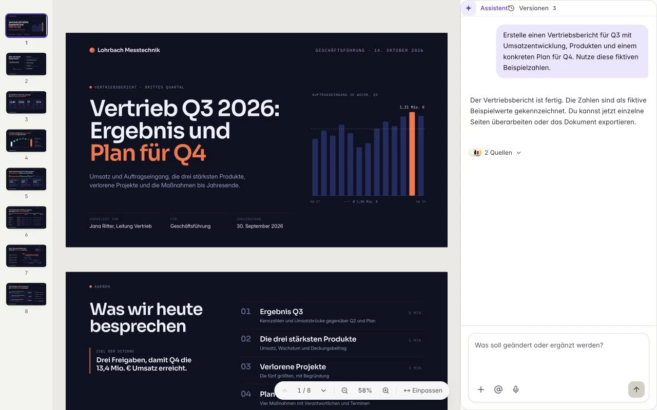 Deutsche Editor-Ausschnitte mit einem fiktiven Vertriebsbericht: acht Seiten im Filmstreifen, Titelfolie auf der Leinwand und Assistent mit Eingabefeld rechts.