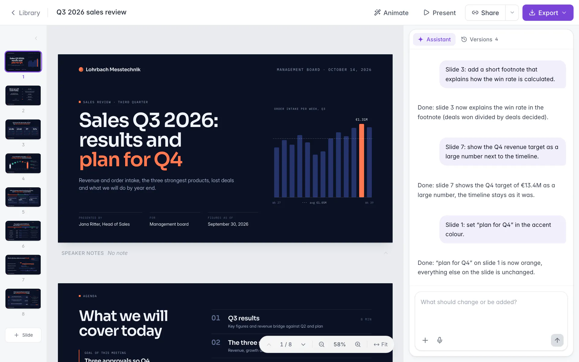 Slaide editor with a finished 8-slide sales review: page strip on the left, the title slide in the middle, the conversation with three follow-up edits on the right, Present, Share and Export at the top